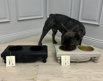 Solid wood dog water food stand, elevated cat feeding station, dog feeding table with 2 bowls, french bulldog bowl, dog birthday gift