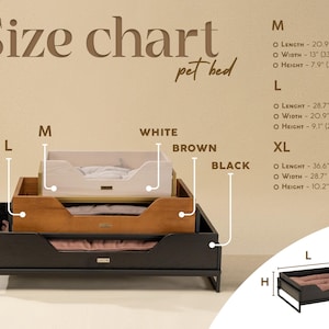 May include: Size chart for a pet bed in three sizes: small, medium, and large. The chart shows the dimensions in inches and centimeters. The bed is made of wood and has a black metal frame.
