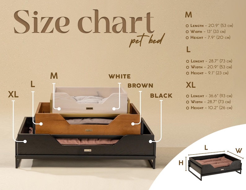 May include: Size chart for a pet bed in three sizes: small, medium, and large. The chart shows the dimensions in inches and centimeters. The bed is made of wood and has a black metal frame.