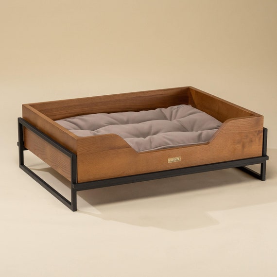 Brown ash wooden orthopedic dog bed, calming cat bed with pillow, minimalist organic cat couch, dog bed furniture for large dogs, cat lover