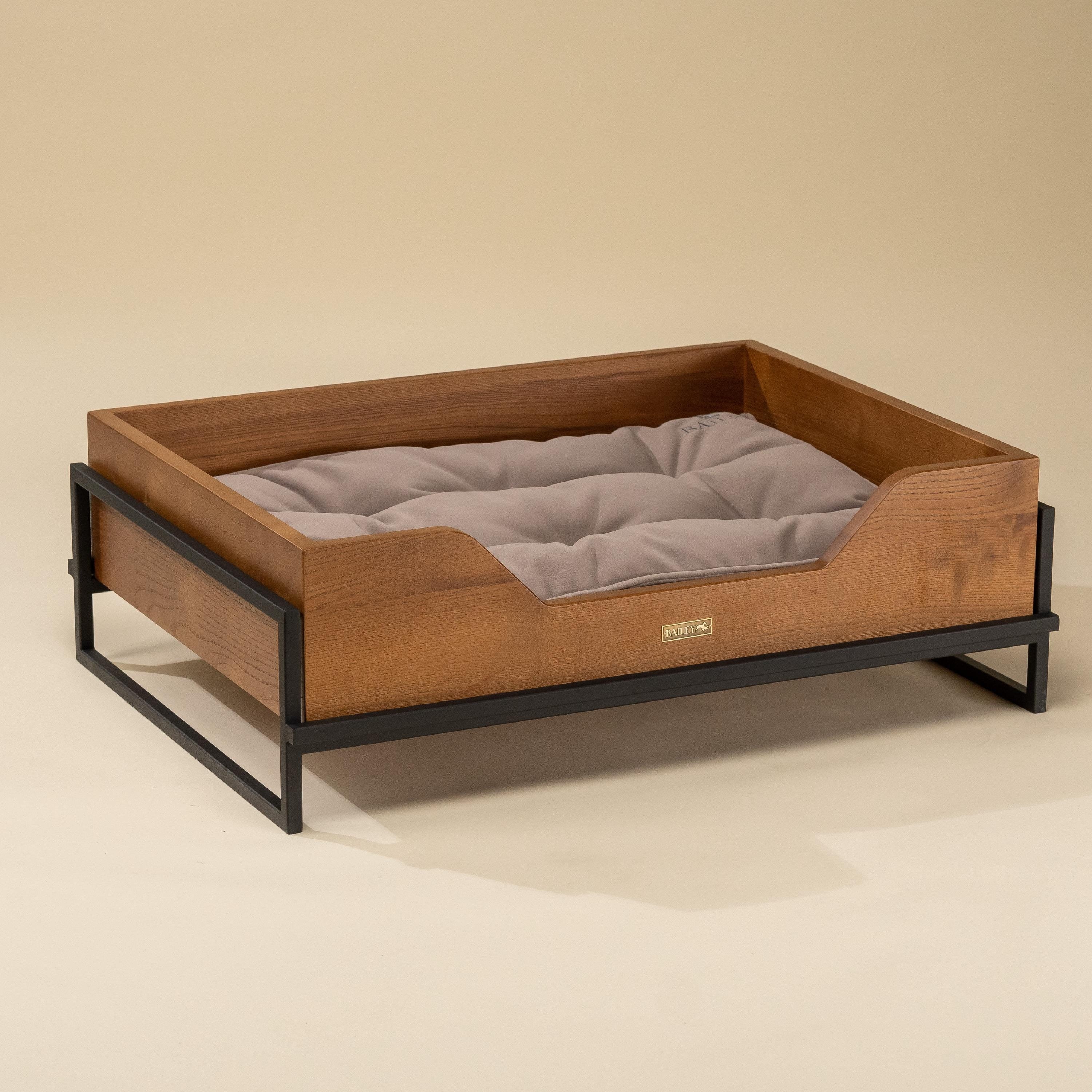 Brown ash wooden orthopedic dog bed, calming cat bed with pillow, minimalist organic cat couch, dog bed furniture for large dogs, cat lover