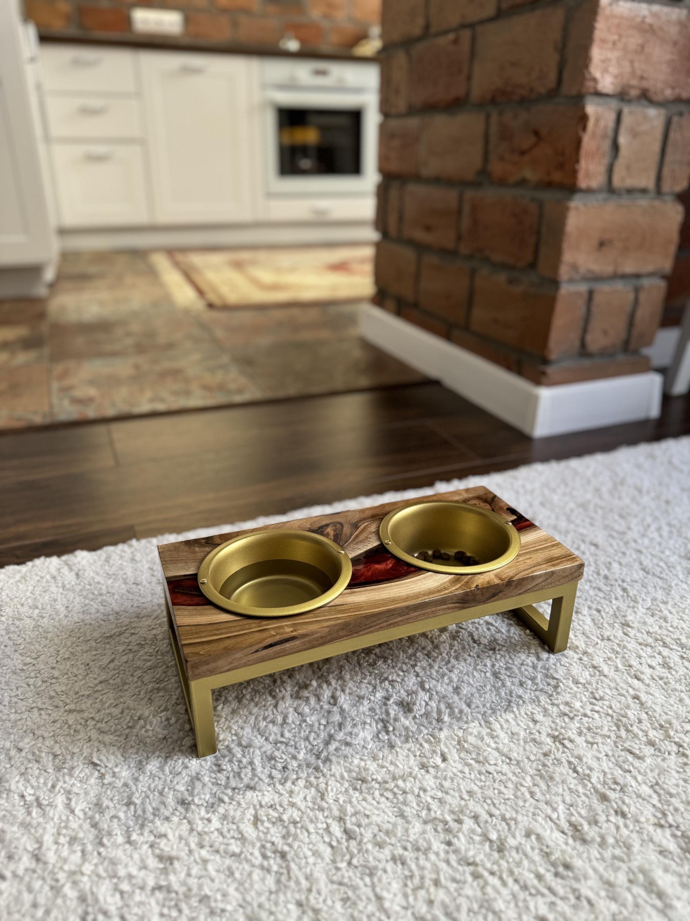 Oak wood red epoxy elevated cat feeding station, raised dog water food stand, epoxy pet furniture, large dog feeding station, dog owner gift