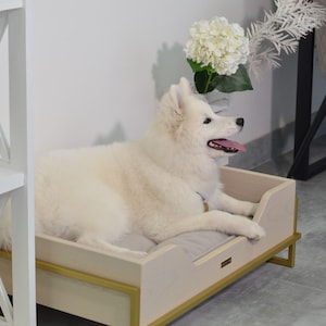 May include: A white dog lays in a light wood dog bed with a gold metal frame. The bed has a gray cushion. The dog is looking to the right.