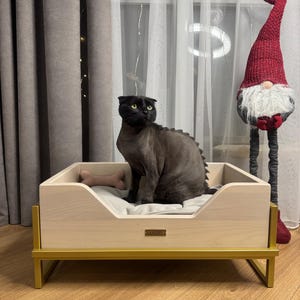 May include: A black cat sits in a light wood dog bed with a gold metal frame. The bed has a gray cushion and a bone-shaped toy. The bed is on a wood floor.
