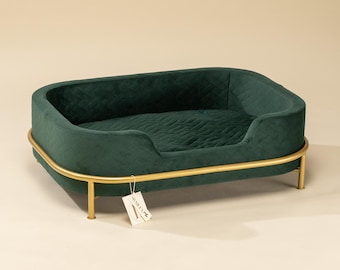 Soft green pet bed for cats and dogs, elevated cat bed with pillow, velvet orthopedic dog bed, calming cat kennel, organic cat couch
