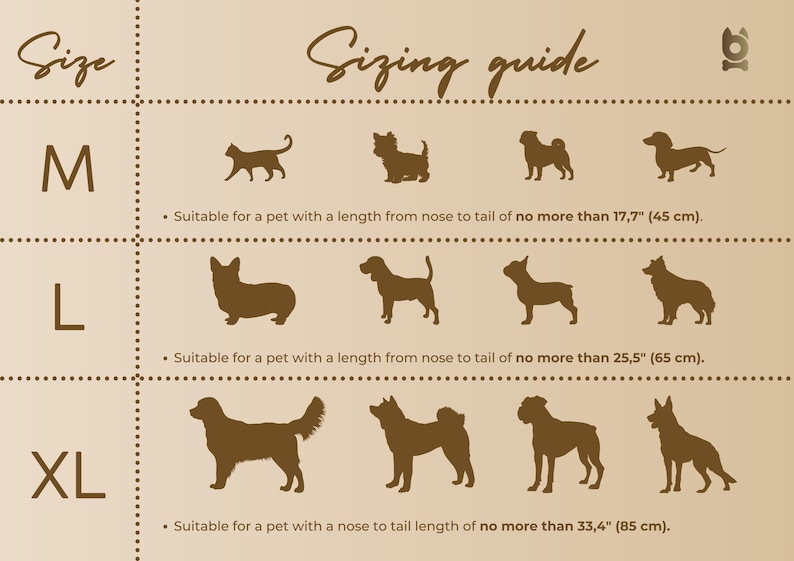 May include: Sizing guide for dog harnesses, showing different dog breeds in various sizes: M, L, and XL. The guide indicates the appropriate size based on the dog's length from nose to tail, with measurements in inches and centimeters.