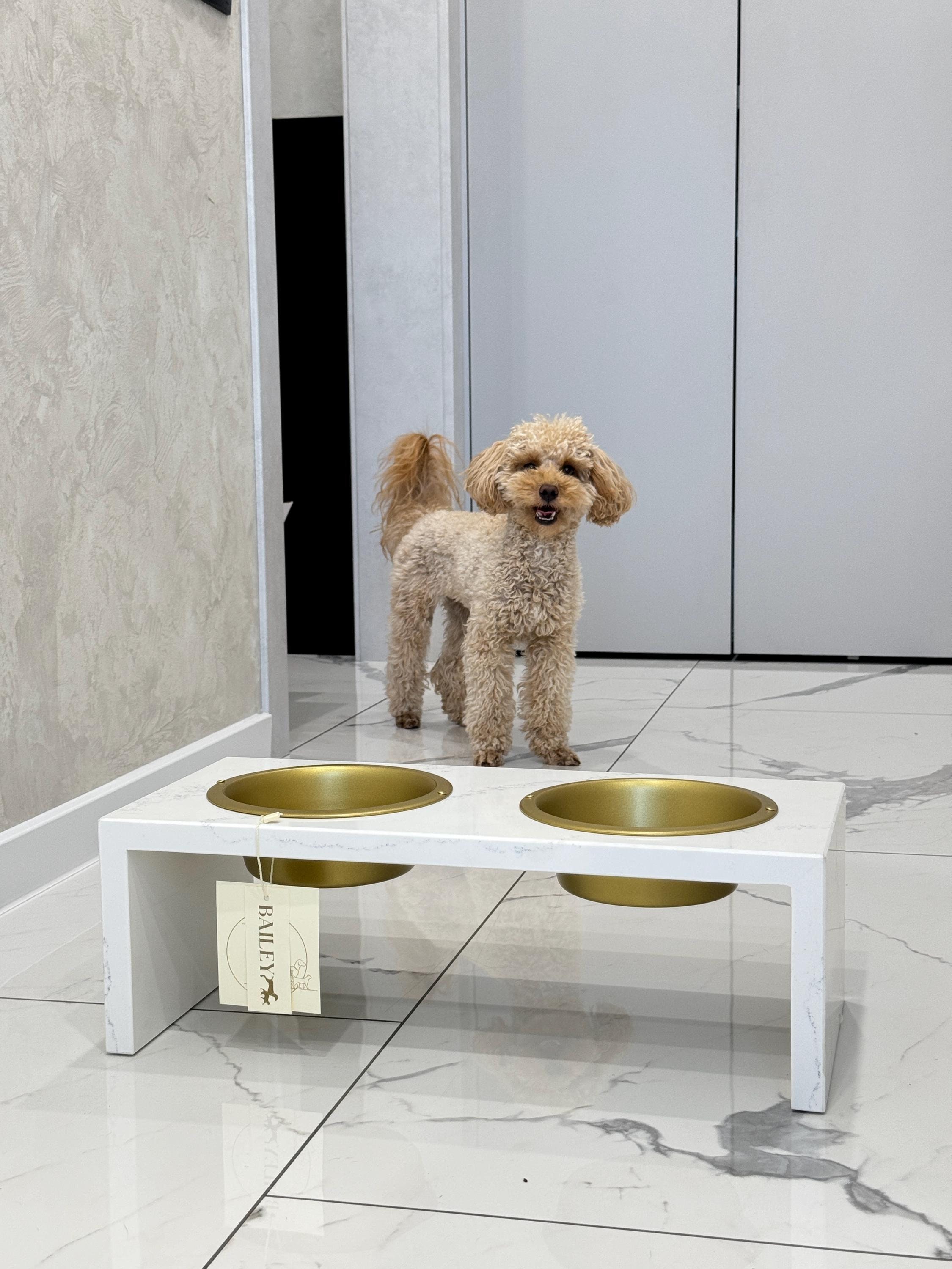 Natural quartz stone raised pet feeding station, outdoor feeder with 2 bowls, bowl stand large dog, elevated cat food bowl, cat lover gift