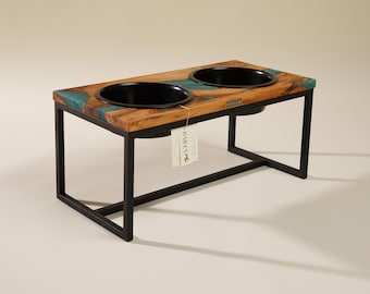 Elevated cat feeding station, modern epoxy cat furniture, raised bowl for large dog, cat lover gift, wooden epoxy feeder for small dogs