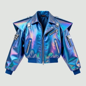 Puede incluir: Una chaqueta azul iridiscente con cremalleras y herrajes plateados. La chaqueta tiene un diseño único con hombros estructurados y un dobladillo y puños acanalados. Es una prenda de abrigo llamativa.