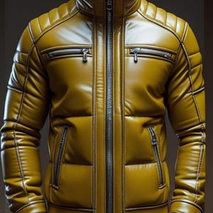 Luxury Leather Puffer Jacket: Dark Yellow, Handmade, Four-Pocket Design