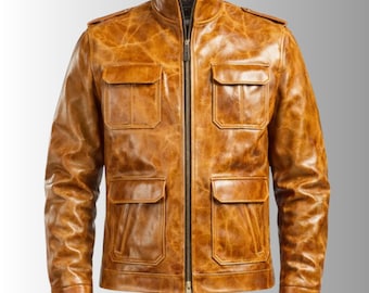 Men's Caramel Brown Leather Jacket | Full Grain Waxed Utility Biker Coat