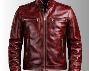 Chaqueta de cuero Crazy Horse color burdeos para hombre / Abrigo de motorista encerado de grano completo