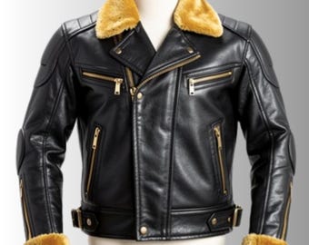 Chaqueta de motociclista para hombre de piel de vacuno de grano completo – Chaqueta de motociclista con forro de borrego dorado