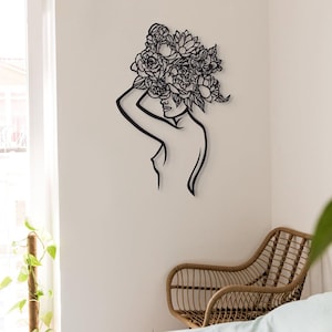 Blumen Wand Kunst | Hölzerne Linie Kunst-Wand-Dekor | Weibliche Abstrakte Zeichnung | Moderne Boho Wandplatte | Handgemachte MDF Kunst | Geschenk für Sie