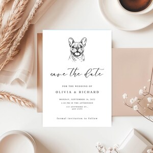 Plantilla de invitación para guardar la fecha con diseño de bulldog francés, minimalista, editable, moderna, imprimible, descarga instantánea, para bodas