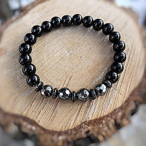 Masculine Black Onyx Hematite 8mm Strech Fit Beaded Mens Bracelet Gift For Boyfriend