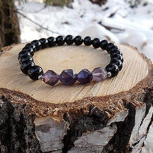 Amethyst Black Onyx 8 mm Unisex Gemstone Bracelet Womens bracelet Mens Bracelet