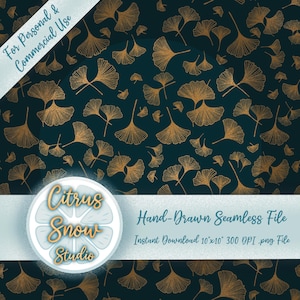 May include: A seamless pattern featuring gold ginkgo leaves on a dark teal background. The design includes the text "For Personal & Commercial Use" and "Hand-Drawn Seamless File". The Citrus Snow Studio logo is also visible.