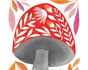 red Christmas mushroom with plants and flowers wall art print by PinkNounou