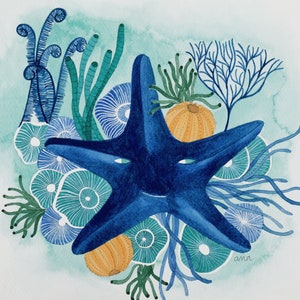 Indigo starfish original watercolor illustration - the perfect housewarming gift for marine animal lovers!