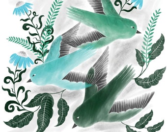 Smaragdgrüne Vogel Druck Illustration für Muttertag oder Valentinstag, von PinkNounou