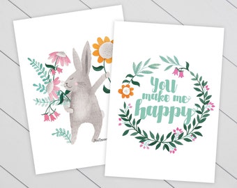 set of two art prints illustrations of a bunny & quote for the nursery room