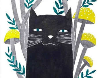 black cat with yellow mushrooms original watercolor illustration, animal art by PinkNounou