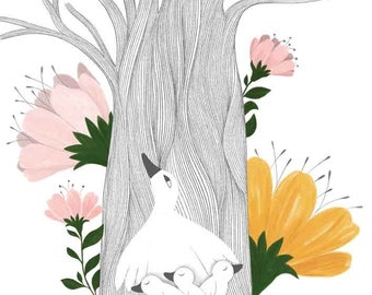 mother goose and her family under a tree with flowers art print illustration for Mother's Day or baby's nursery room