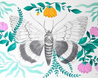 Original-Aquarell-Illustration eines Schmetterlings umgeben von Blumen, Wanddekoration für Ihr Zuhause von PinkNounou