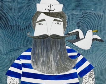 sailor tattoo man in indigo stripes & seagull original watercolor illustration, beard fisherman poster, sailor portrait, nautic, sea art