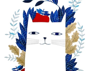 藍色と赤色の葉、リンゴ、花が付いた白い猫、猫好きの方のための壁アートプリントイラスト