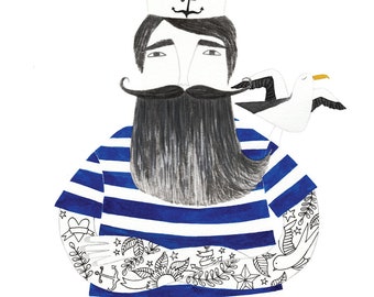 sailor portrait tattoo man in indigo stripes nautical wall art poster