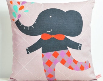 decorative throw pillow for kids room with boy elephant in gray