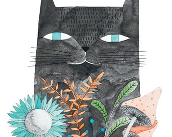 Impresión de acuarela de gato, flor azul y hongos. Arte de pared.