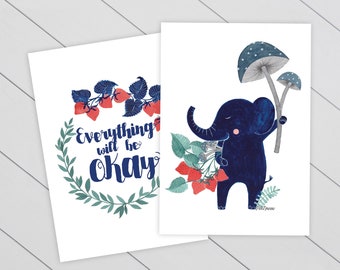 set of two art prints illustrations of an elephant & quote for the nursery room