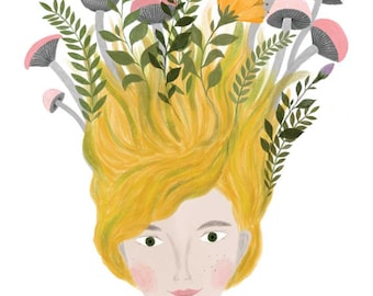 Retrato de mujer con flores en flor, arte de pared de cabello amarillo, impresión para el Día de la Madre o regalo de San Valentín de PinkNounou