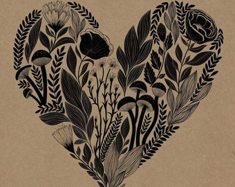 Ilustración floral de arte de pared de corazón negro para regalo del Día de la Madre o de San Valentín de PinkNounou