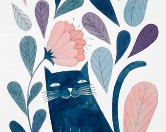 blue cat with a pink flower & lilac leaves wall art print