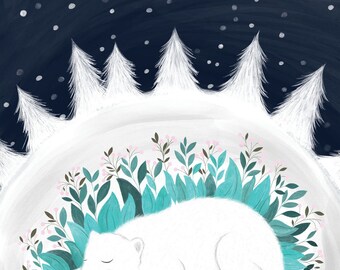 Cuadro decorativo con oso polar hibernando bajo la nieve para habitación infantil en azul oscuro