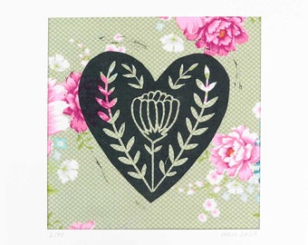 Impresión en bloque original sobre tela estampada de un corazón negro para el día de San Valentín de PinkNounou