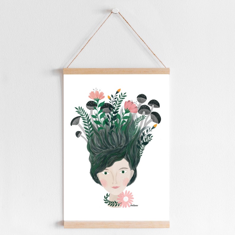 Womens Portrait With Blooming Flowers Hair Wall Art Print for Etsy
