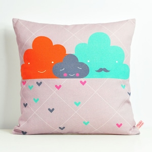 decorative throw pillow for kids room with clouds family in gray, orange and turquoise