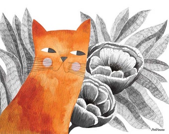 Gato naranja con flores y hojas grises, ilustración impresa en arte de pared para amantes de los gatos.