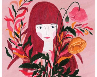 woman portrait with plants and pink flowers wall art Spring print for Mother's day, by PinkNounou