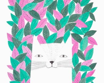 white cat cat with berry and green leaves wall art print illustration for cat lovers by PinkNounou