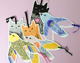 set of three illustrated handcut paper bookmarks cat or bird shapped by PinkNounou