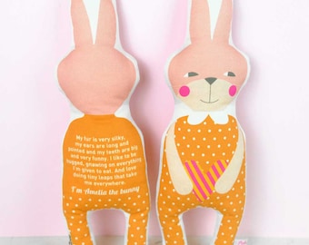 soft toy animal bunny with story on the back for kids room by PinkNounou