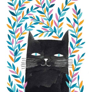 black cat with blue pink & orange leaves wall art print illustration for cat lovers