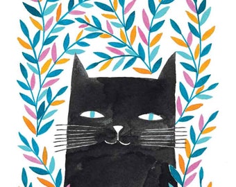 black cat with blue pink & orange leaves wall art print illustration for cat lovers