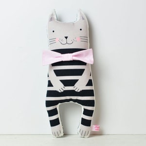 stuffed plush animal cat in black and gray stripes with bow tie for pretend play